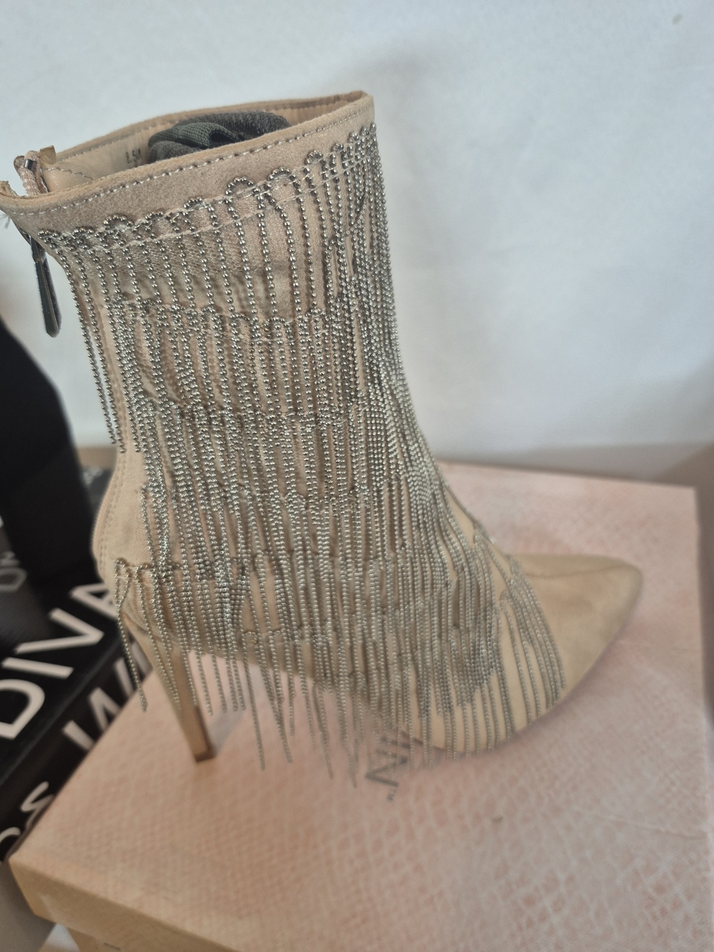 Cape Robbin Fringed Pointed-Toe Ankle Boot in Beige with Silver Chains